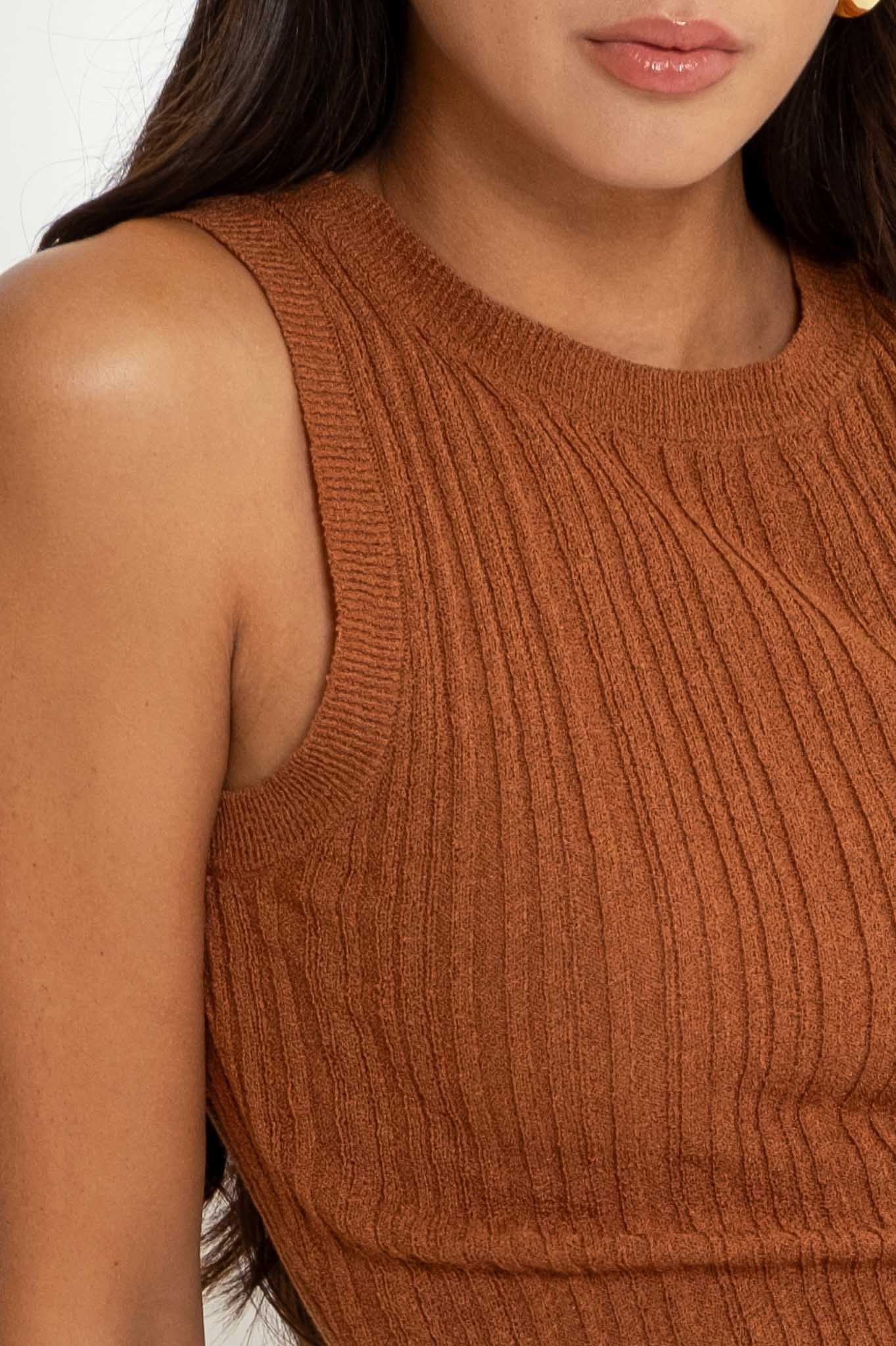 Sleeveless Round Neck Sweater Knit Top - Copper
