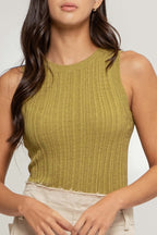 Sleeveless Round Neck Sweater Knit Top -Olive