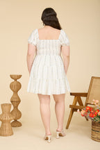 Stripe Floral Puff Sleeve Tiered Mini Dress - Plus Size