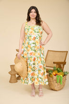 Floral & Fruit Pattern Sleeveless Midi Dress - Plus Size