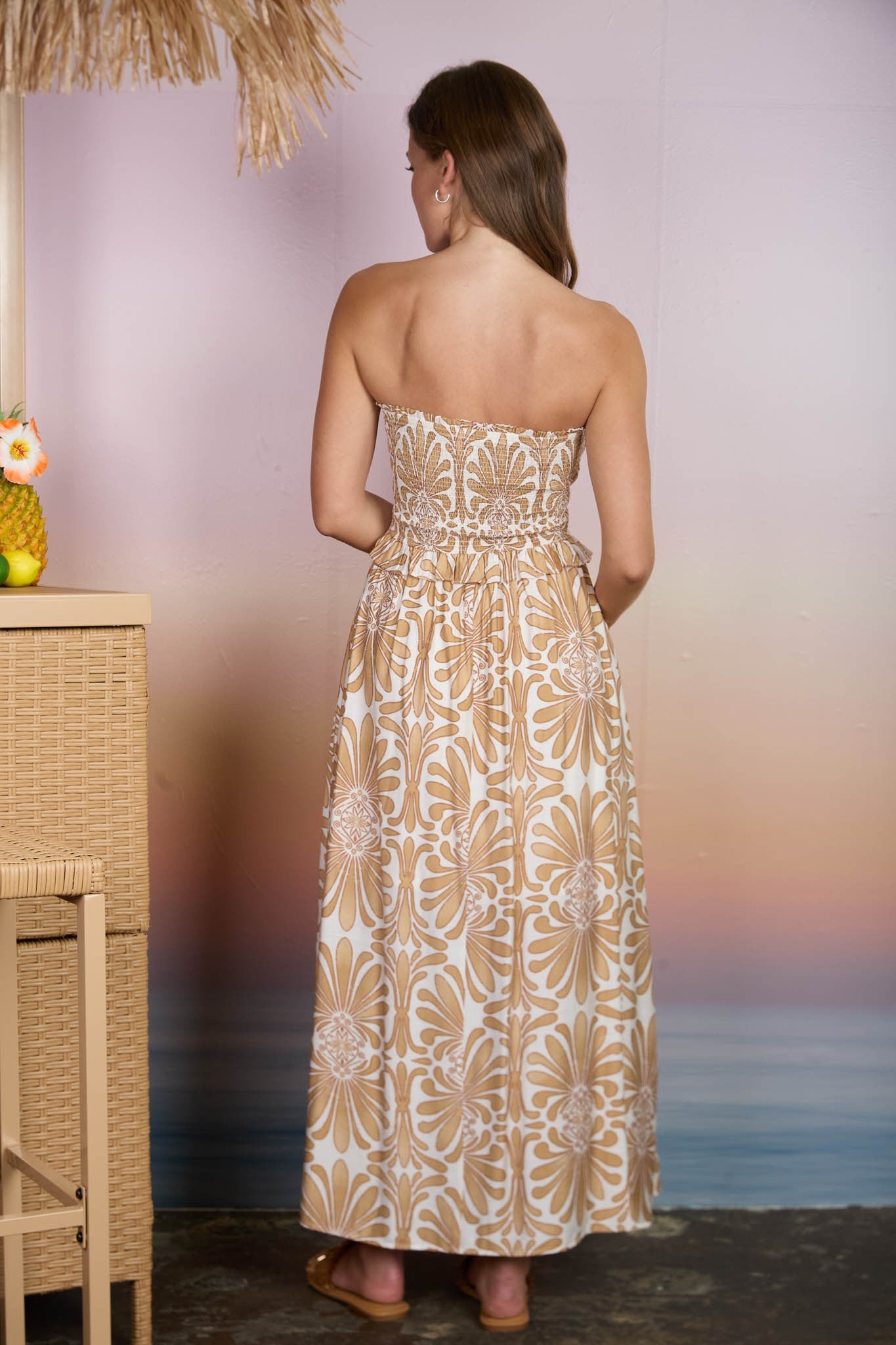 Demask Pattern Strapless Smocked Midi Sundress
