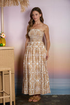 Demask Pattern Strapless Smocked Midi Sundress