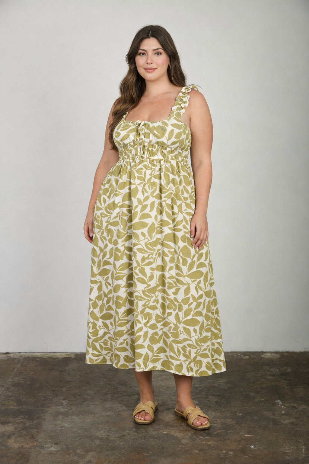 Leaf Print Ruffle Strap Shirred Waist Dress - Plus Size - BROWN