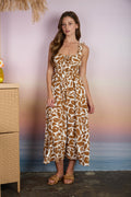 Leaf Print Ruffle Strap Shirred Waist Dress - Plus Size - BROWN