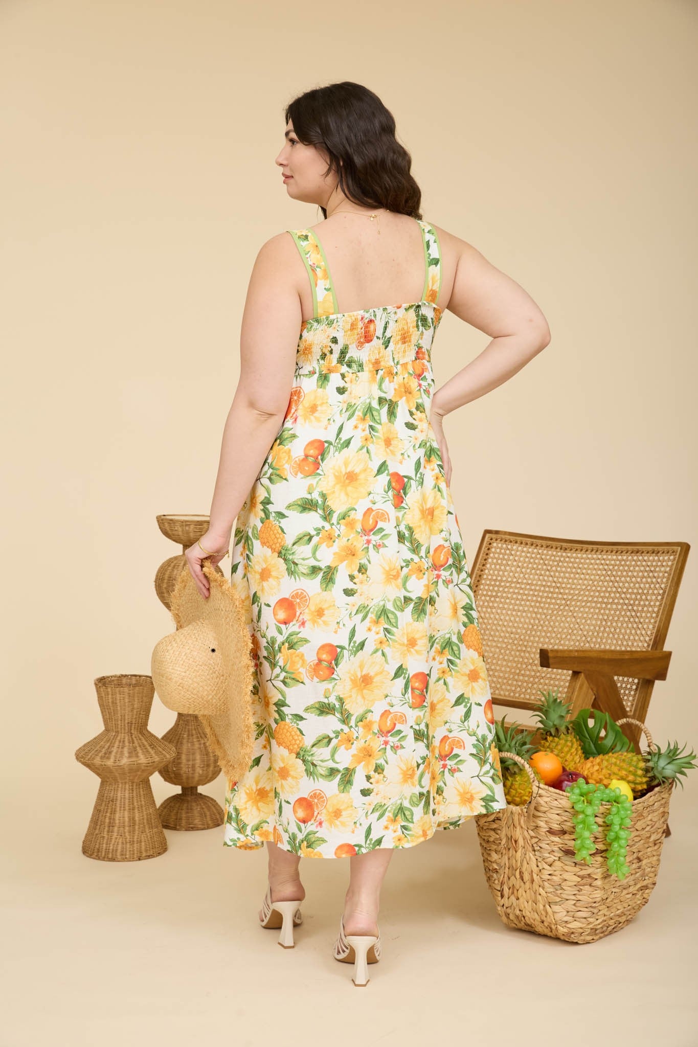 Floral & Fruit Pattern Sleeveless Midi Dress - Plus Size