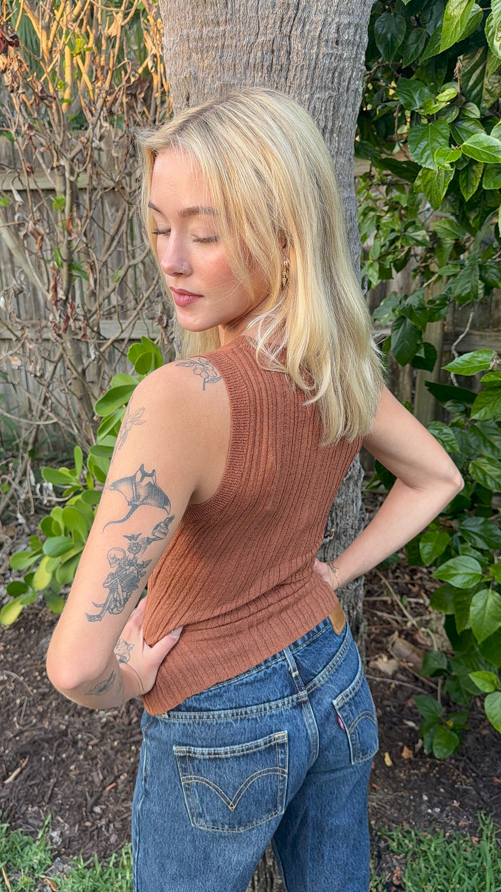 Sleeveless Round Neck Sweater Knit Top - Copper