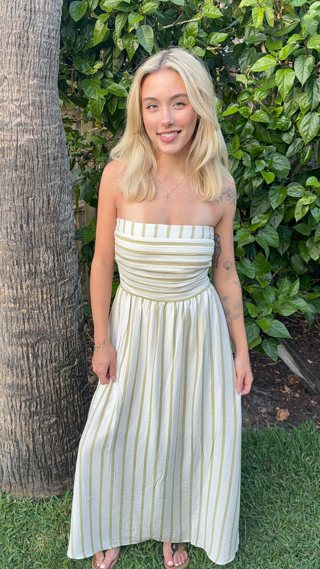 Stripe Pleated Strapless Linen Midi Dress - Olive