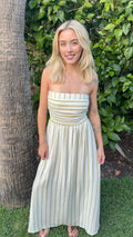 Stripe Pleated Strapless Linen Midi Dress - Olive