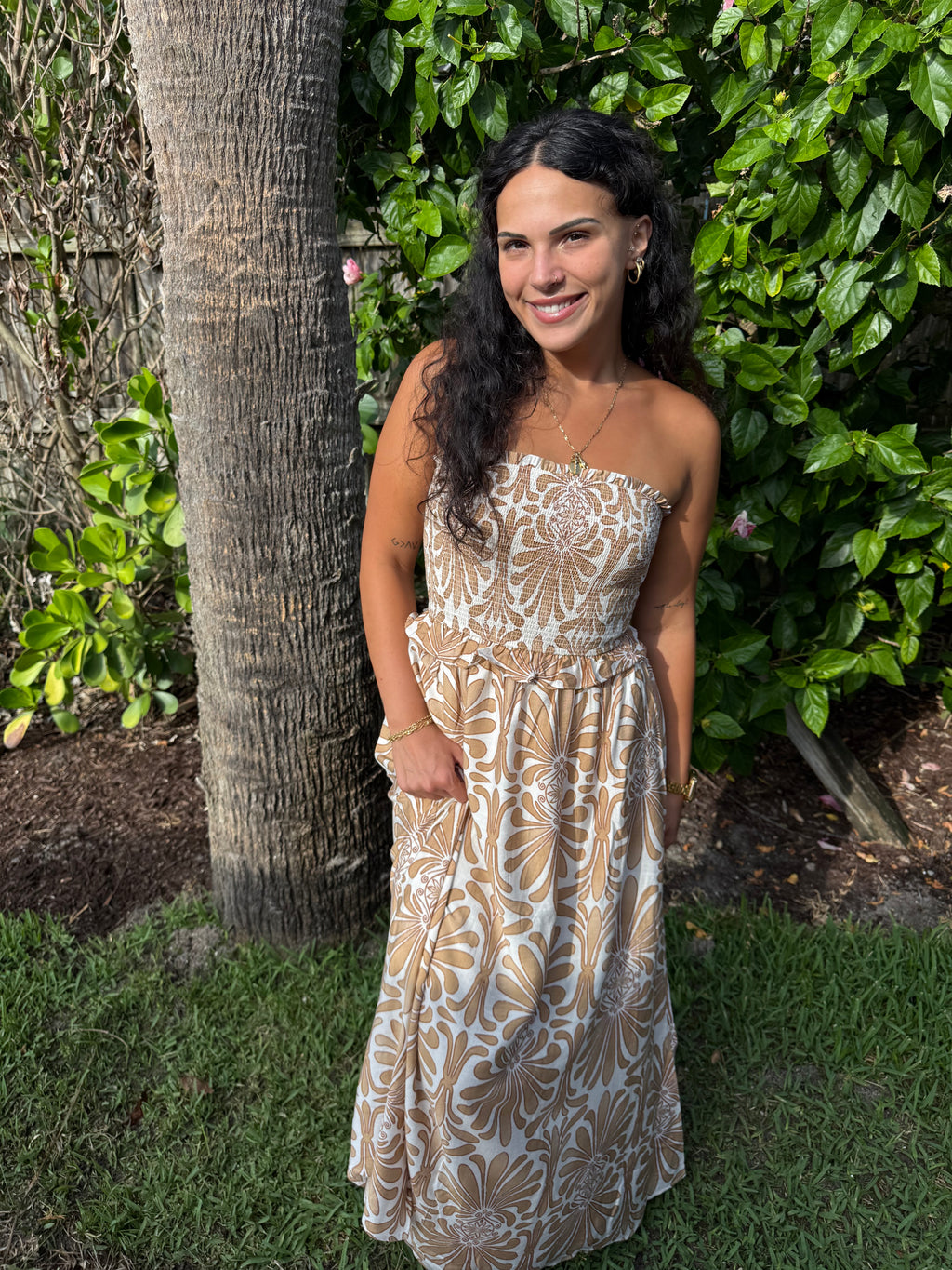 Demask Pattern Strapless Smocked Midi Sundress