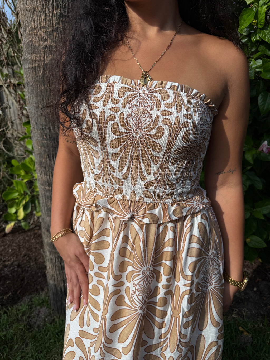 Demask Pattern Strapless Smocked Midi Sundress