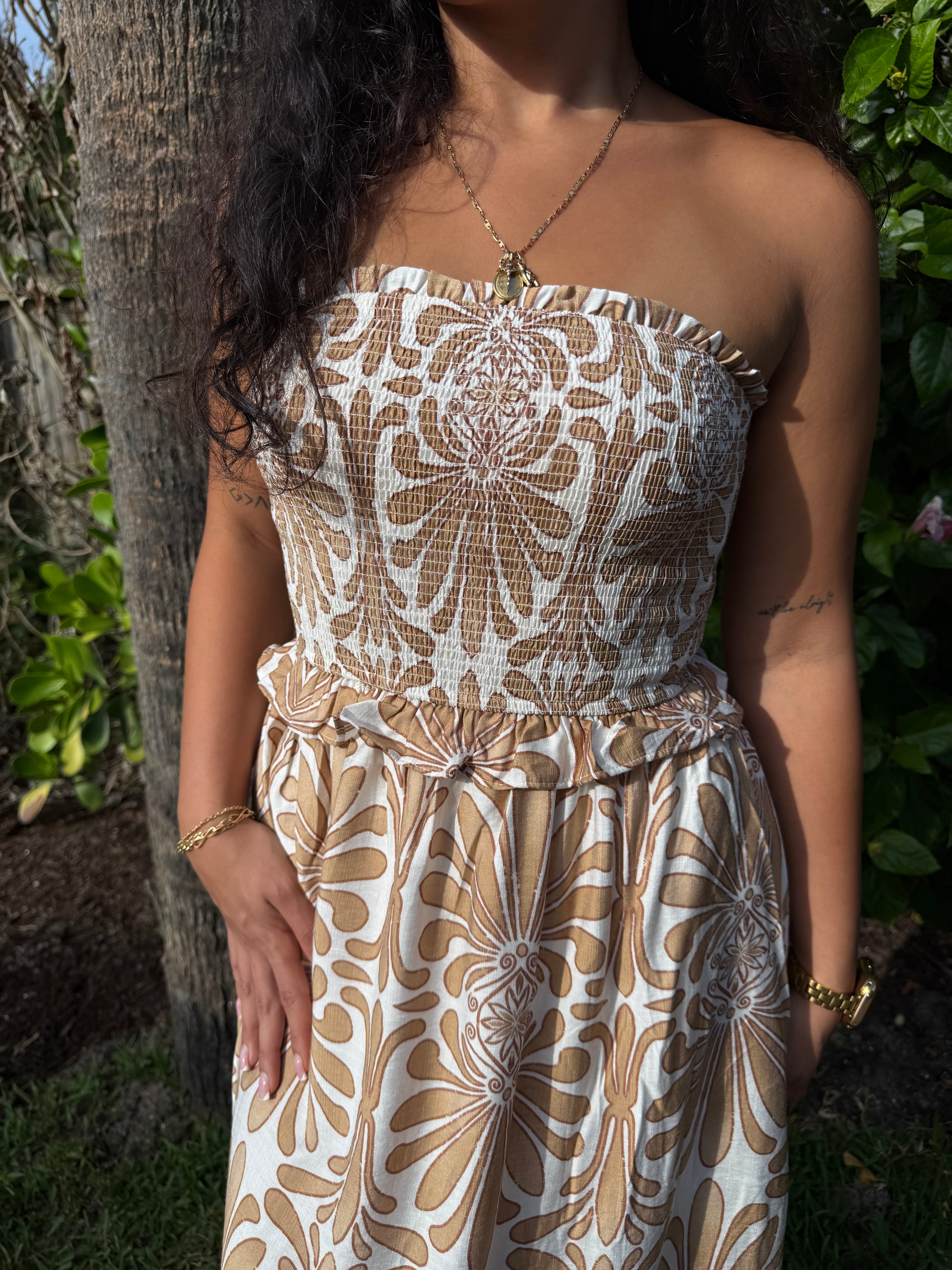 Demask Pattern Strapless Smocked Midi Sundress